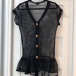Dotti Bathing suit cover-up Black Soft knit mesh gold-like starfish buttons! S/M